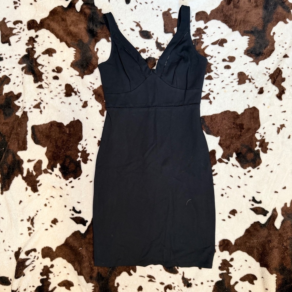 Soprano Bodycon Dress Womens XS Black V-Neck Ladder Stitch Mini Cocktail Chic